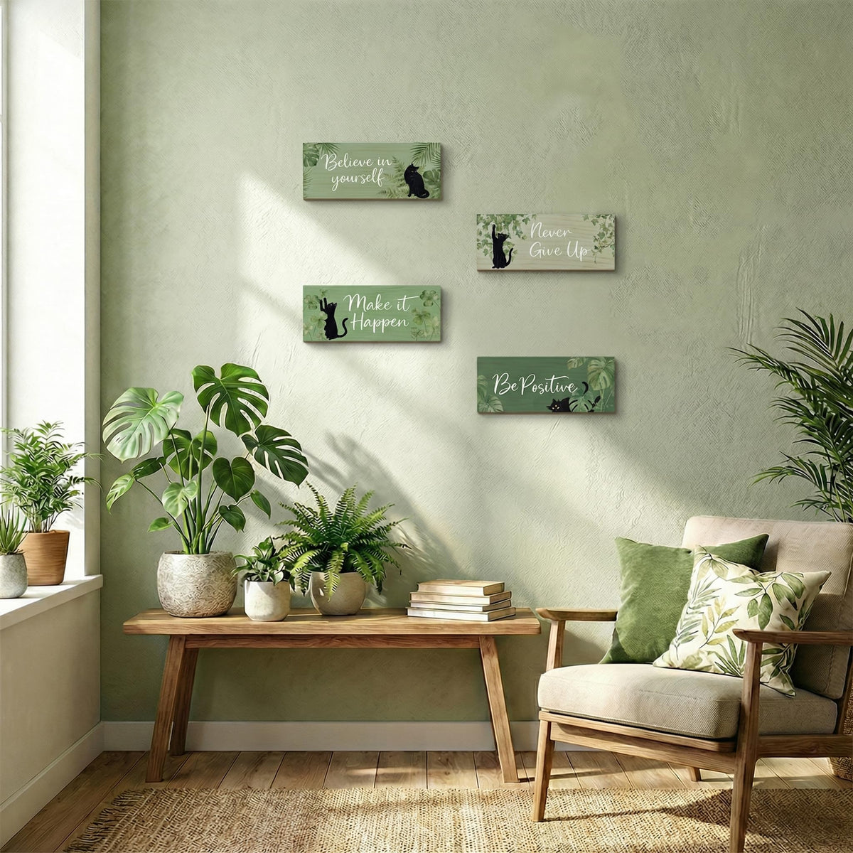 4Pcs Sage Green Office Decor for Women Inspirational Wooden Wall Decor for Office Home Sage Green Black Cat Wall Art Motivational Quotes Wooden Signs Set Positive Affirmations for Bedroom Work