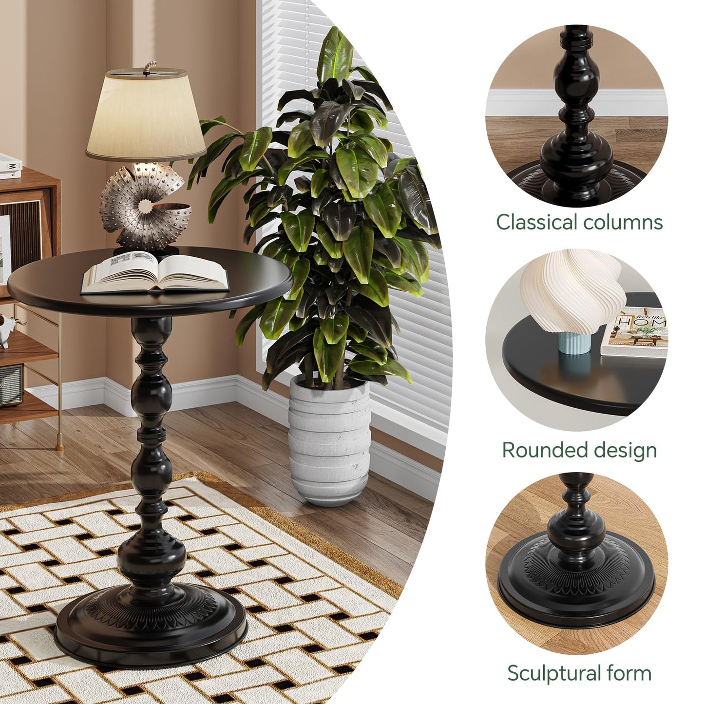 Simple Trending Small Side Table, Round Drink Table End Table, Sofa Table TV Tray Table, Pedestal Coffee Table for Living Room, Black