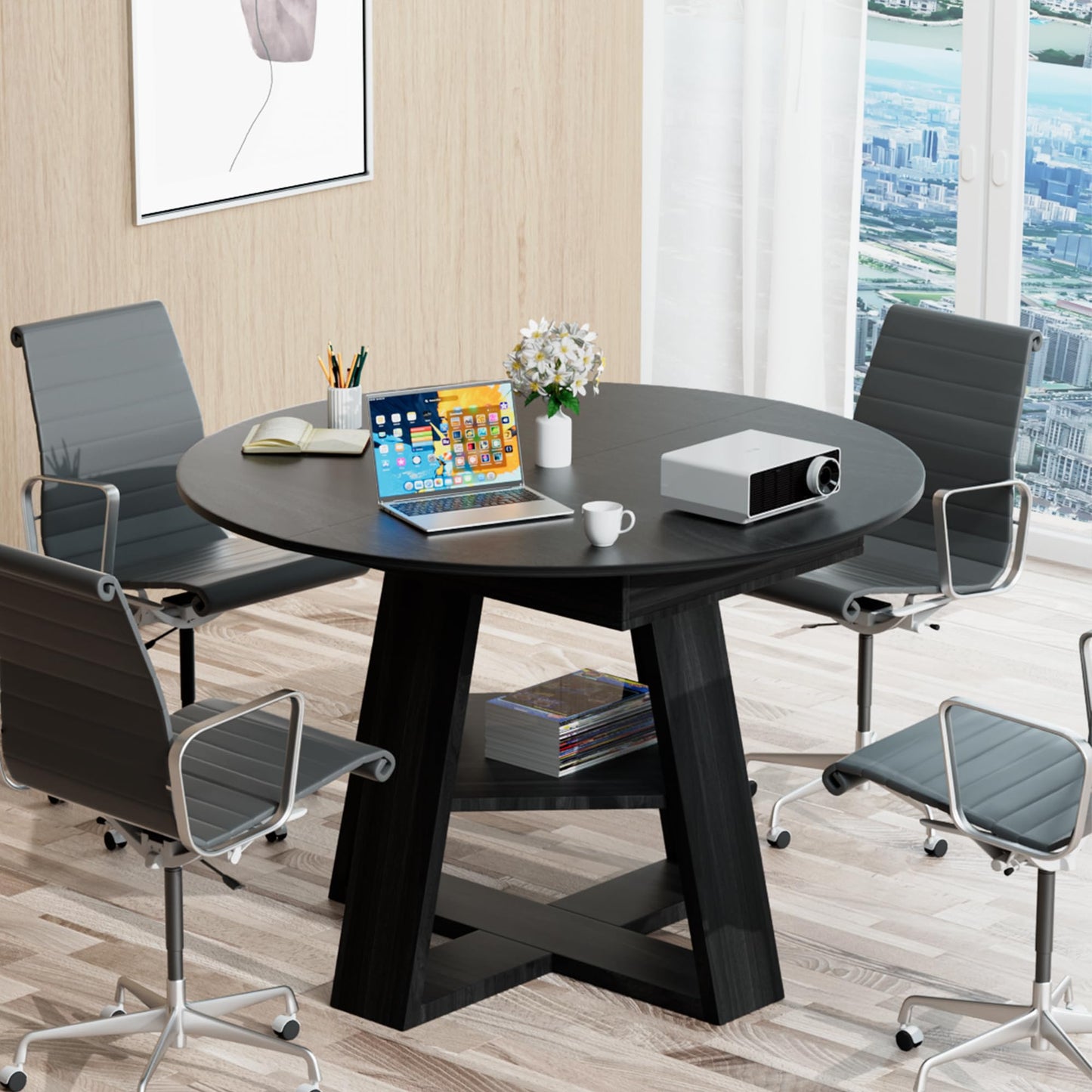 43.3in-59in Extendable Round Conference Table for 4-6 People,Wooden Oval Meeting Room Table with Removable Leaves,Space Saving,Office Table with Storage Shelf for for Office Conference Room