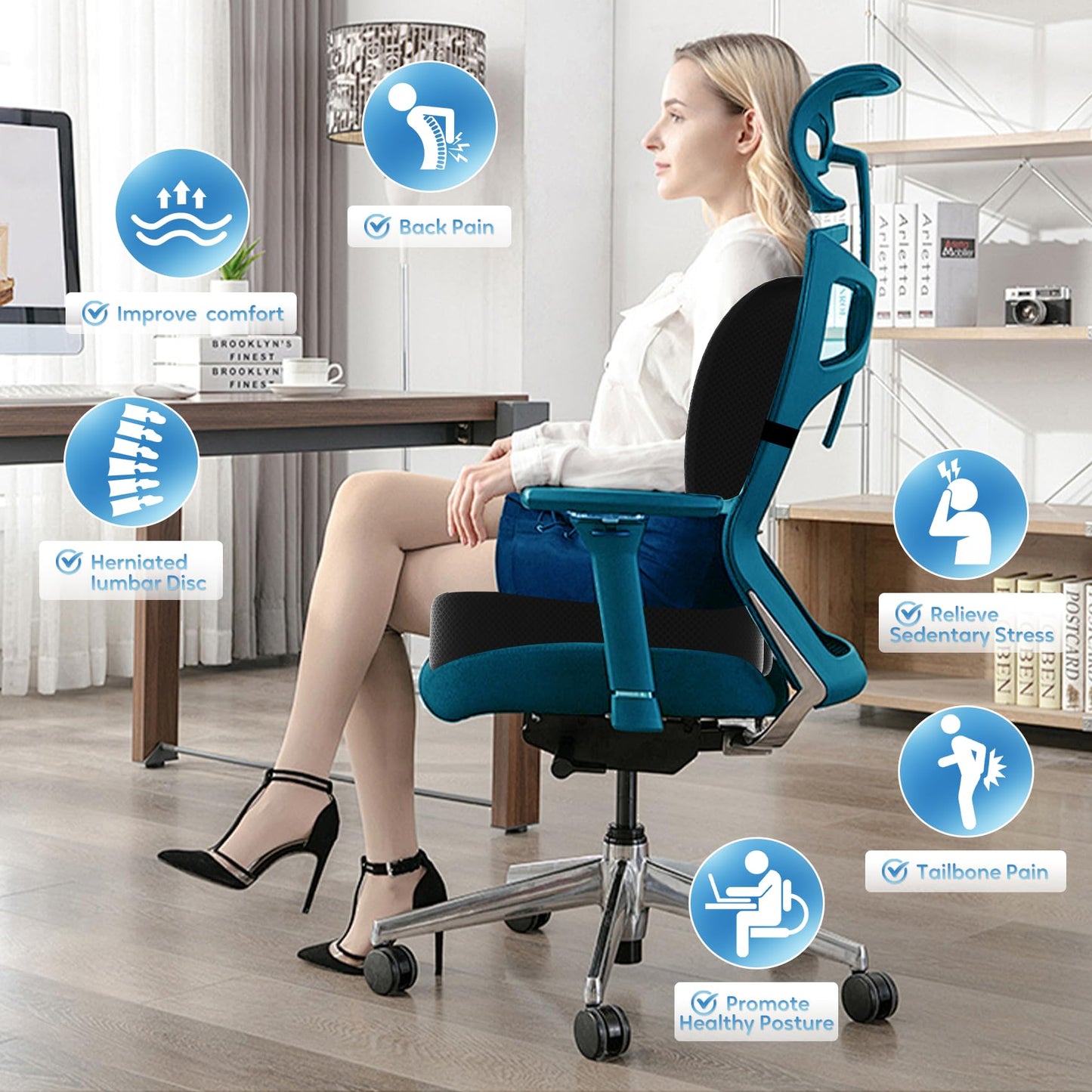 assountgh Seat Cushion &Office Chair Cushion,Lumbar Support Pillow for Office Chair,Ergonomic Memory Foam Non-Slip Office Chair Cushion,Back Support Cushions for Tailbone&Sciatica Pain Relief Black