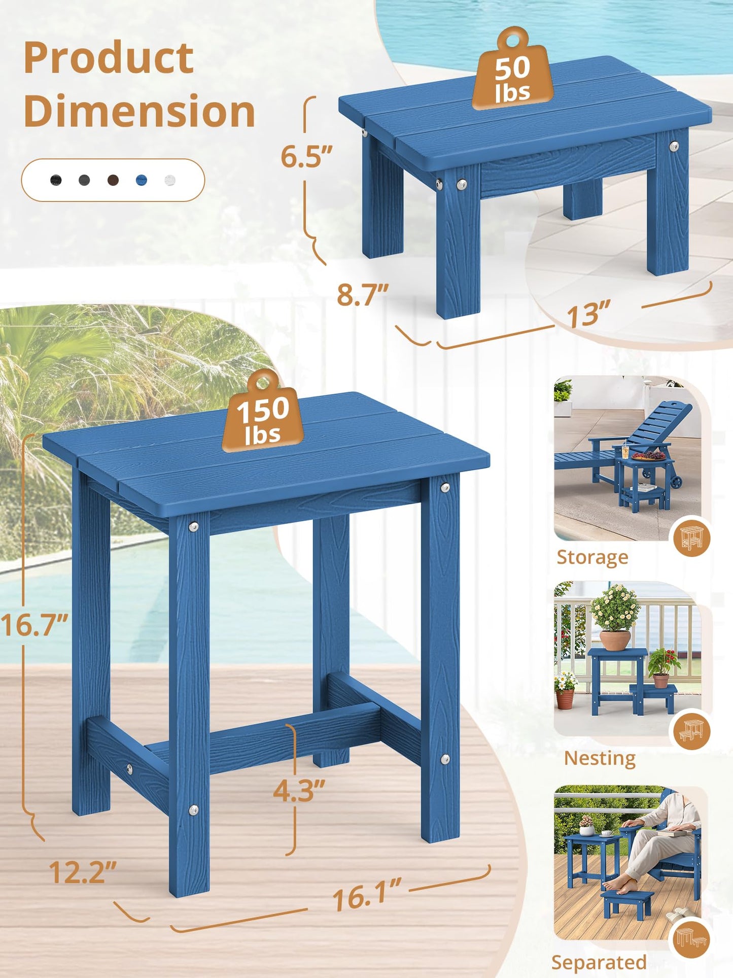 LUE BONA Outdoor Side Table, 2-Tier HDPS Outdoor Nesting End Table with Removable Small Foot Stool for Patio, Deck, Poolside, Low Maintenance & Weather Resistant, Navy