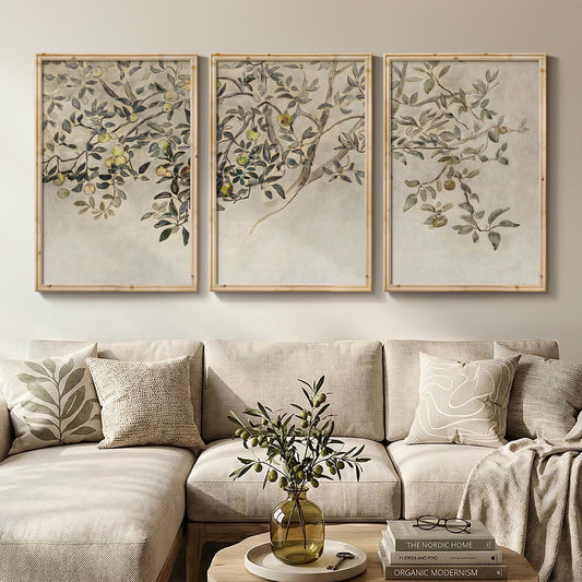 Large Vintage Framed Botanical Wall Art for Living Room, 3 Piece Rustic Neutral Fruit Tree Canvas Prints Artwork for Walls, Modern Farmhouse Leaf Wall Decor for Bedroom Dining Room Office, 24x36 Inch