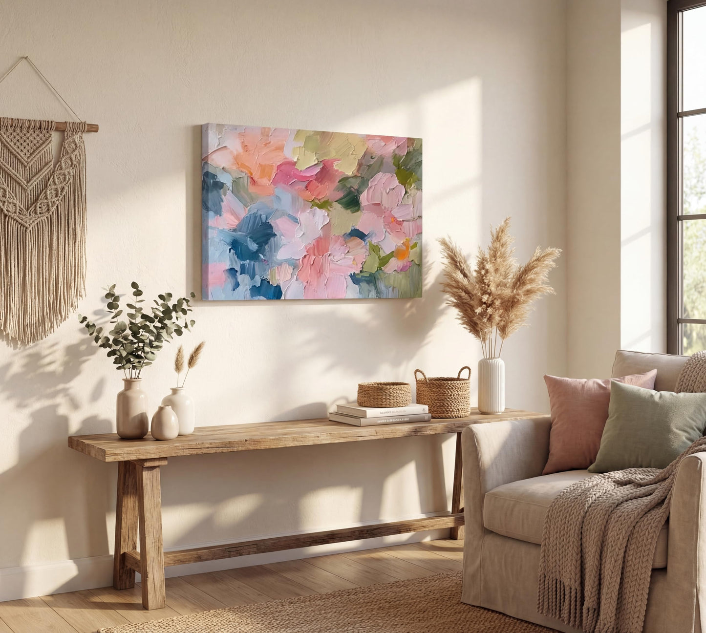 KKJ Pink Abstract Canvas Wall Art, Modern Colorful Oil Painting Style Print, Danish Pastel Palette Wall Decor, Ready to Hang, 12 x 16 Inches