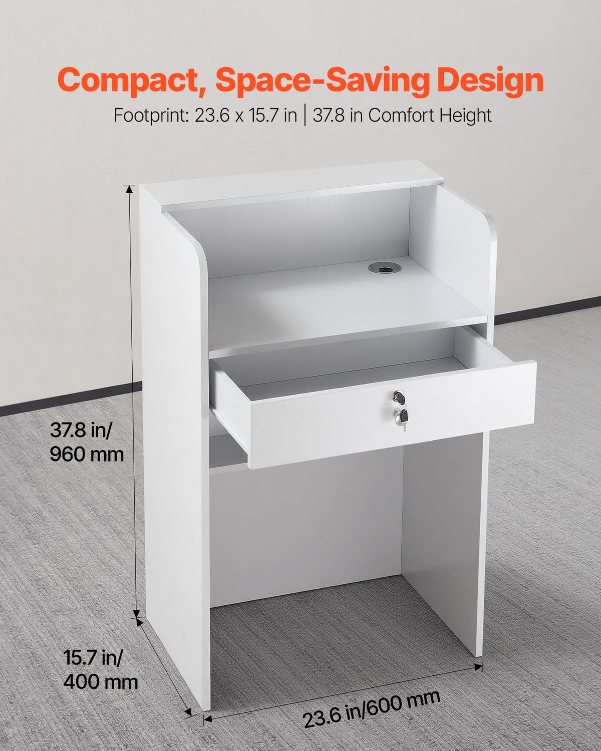 VEVOR Reception Desk, 23.6 inch Rectangular Front Counter Table, Modern Office Reception Desk with Drawer, Small Minimalist Retail Counter Table for Checkout, Lobby, Beauty Salon and Office, White