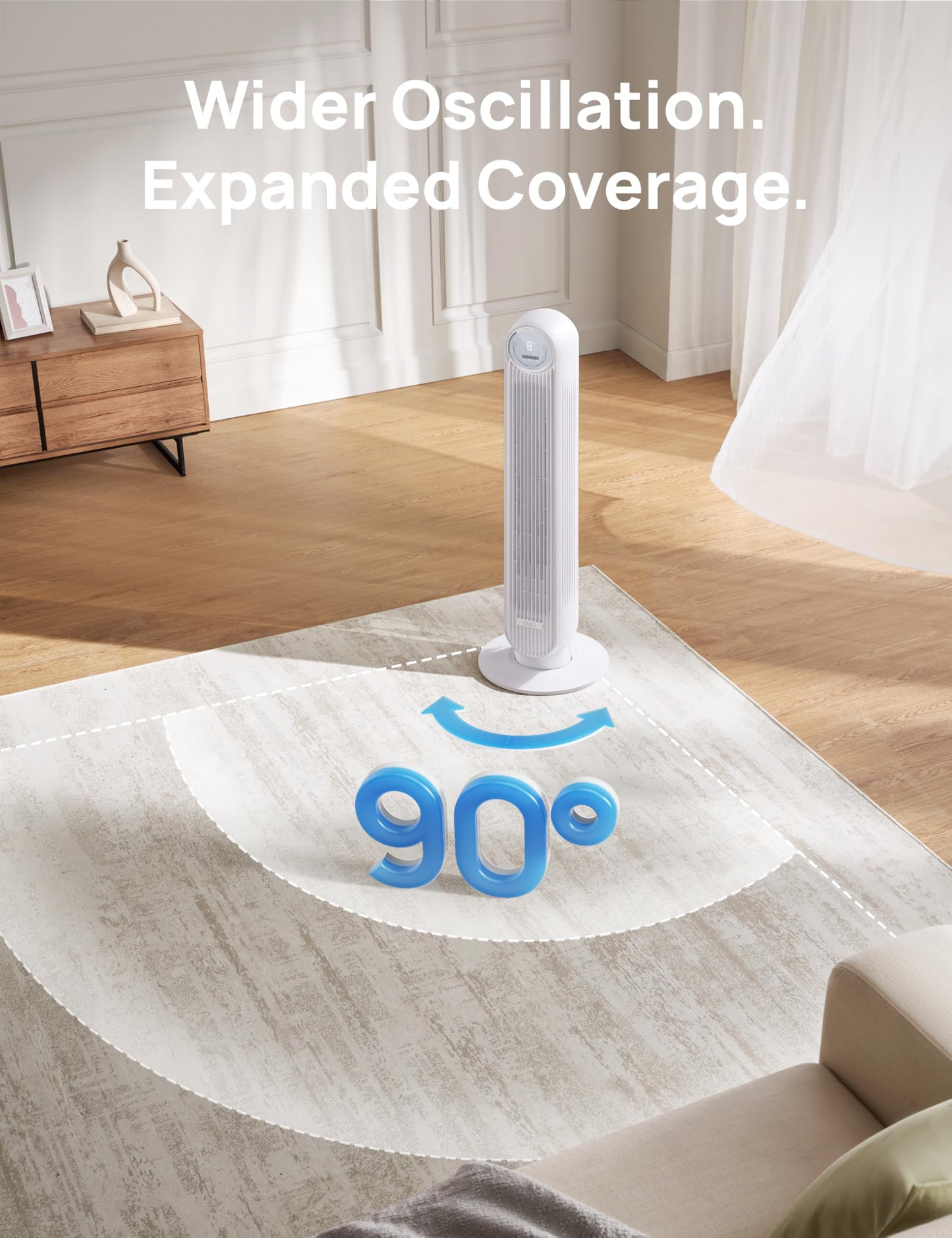 DREO Tower Fan for Bedroom, 25ft/s Velocity Quiet Floor Fan, 90° Oscillating Fans for Indoors with 4 Speeds, 4 Modes, 8H Timer, Standing Fans, Bladeless Fan, White (DR-HTF007)