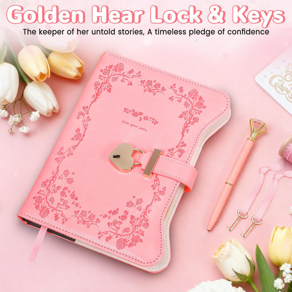 BSRBAOZY Diary with Lock and Key for Girls & Women, Heart-Shaped Locking Journal Gift Set with Diamond Pen, 360 Gilded Pages A5 Faux Leather Secret Writing Notebook for Teens Age 8-14(Garden Pink)