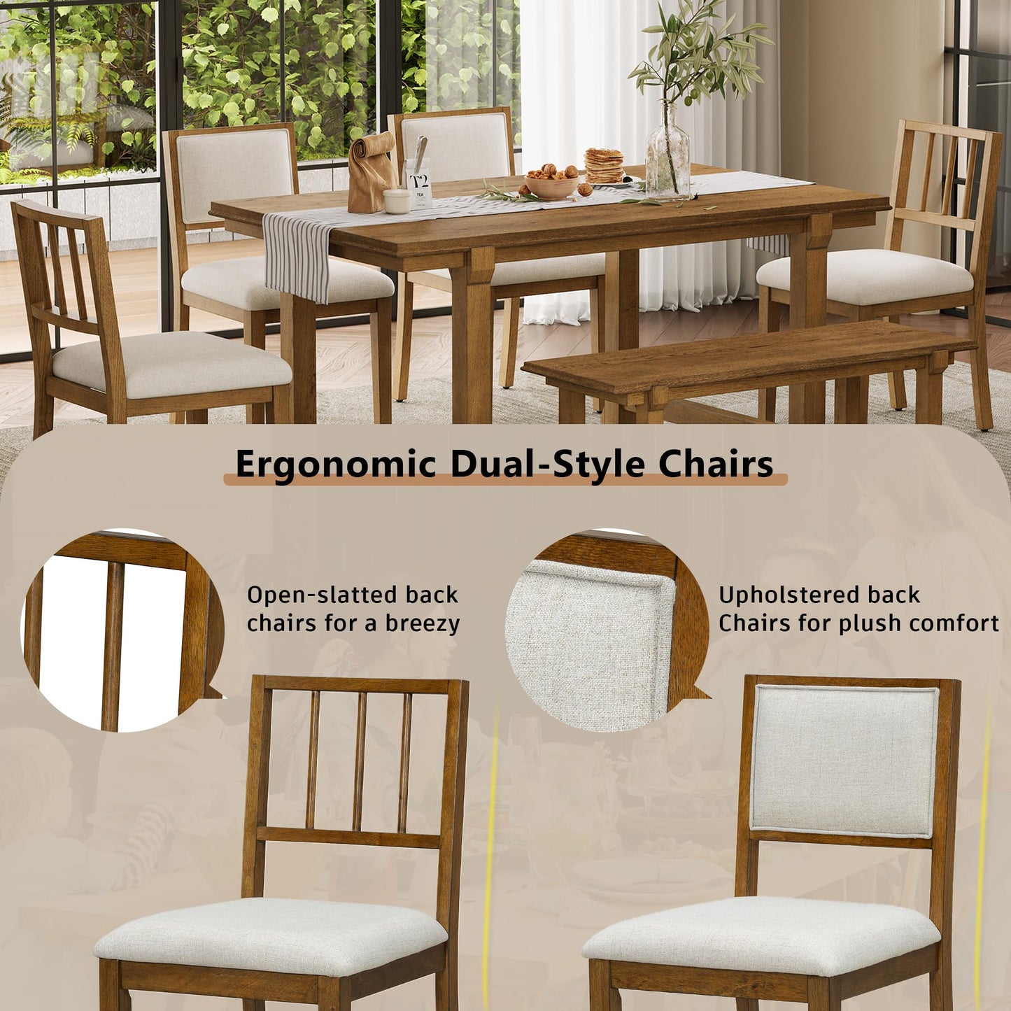 Merax 6-Piece Farmhouse Dining Table Set for 6, 59.8" Rectangle Table + 4pcs Dual-Style Chairs + 37.8" 2 Seater Bench, Kitchen and Dining Room Sets with Solid Wood Legs and Frame (Walnut+ Beige)