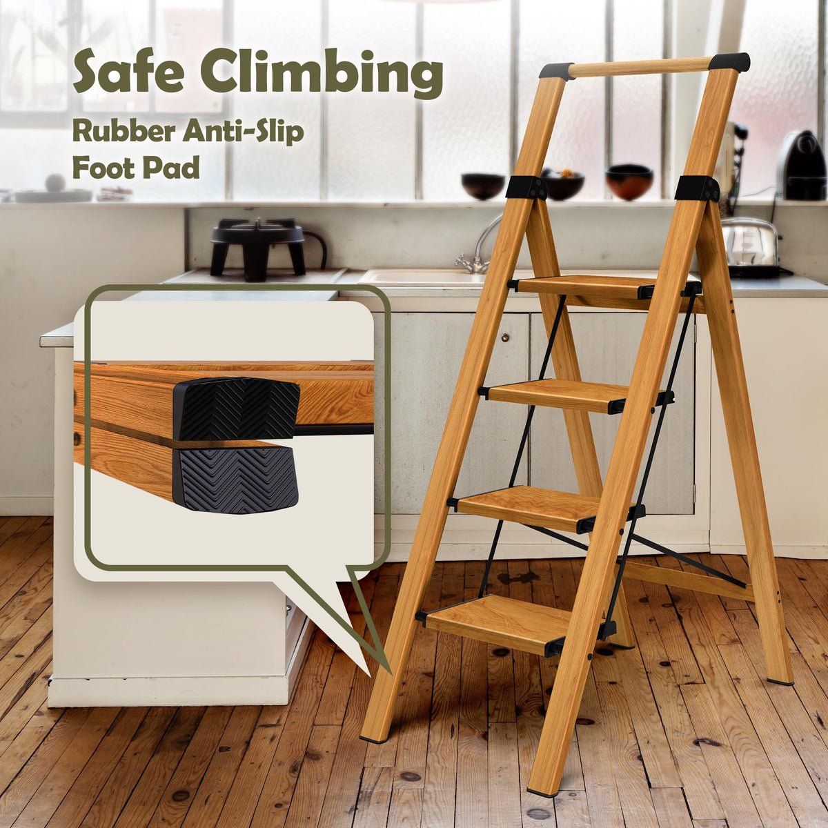 Taranta 4 Step Ladder, Portable Folding Ladder with Wide Pedal, Lightweight Aluminum Step Stool with Convenient Handgrip, 330 lbs Capacity Stepladder for Home, Office - Woodgrain