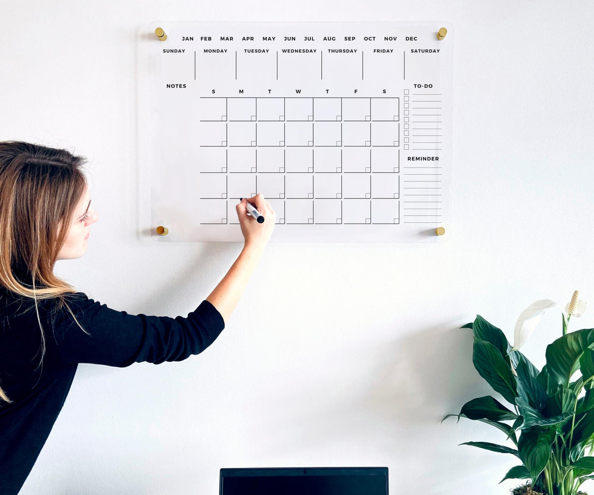 Premium Acrylic Wall Calendar - Dry Erase Board - Large Glass Calendar for Wall - Reusable Board for Office and Home - Gold Hardware (18x14 (Small))