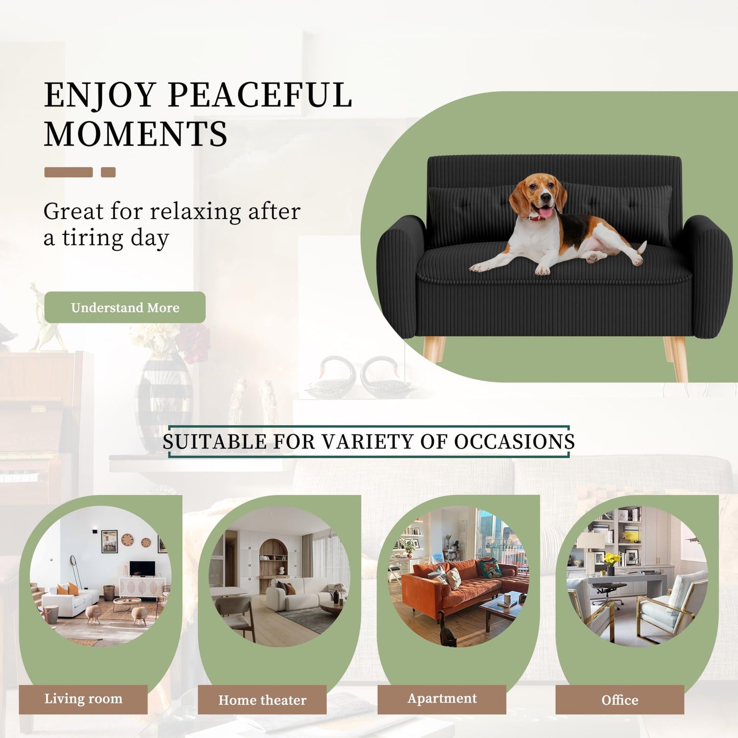 Vongrasig 48" Small Modern Loveseat Sofa, Mid Century Soft Corduroy Fabric 2-Seat Sofa Couch Tufted Love Seat with Back Cushions and Tapered Legs for Living Room, Bedroom and Small Space (Black)