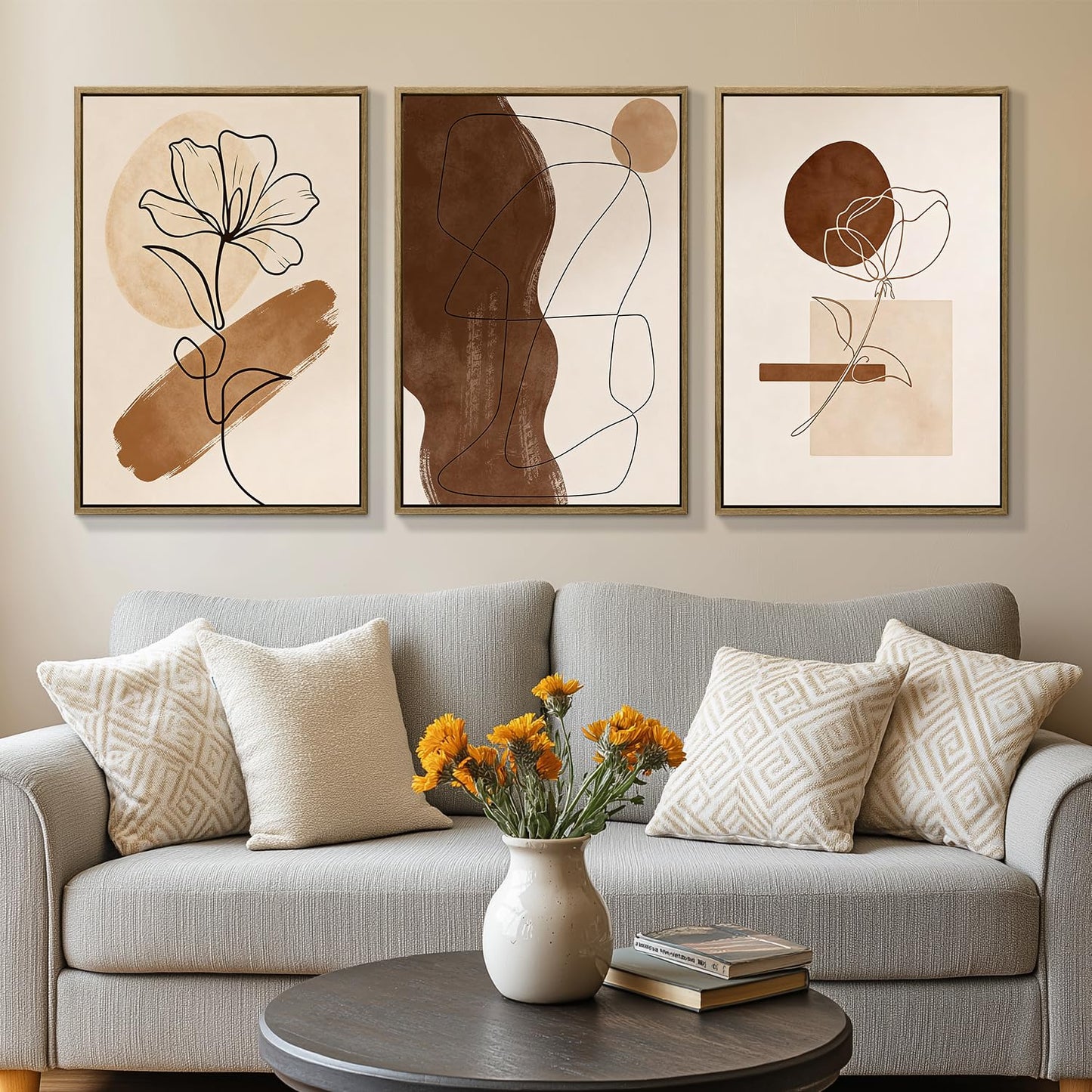 3Pcs Large Framed Botanical Canvas Wall Art, Modern Neutral Plant Abstract Canvas Prints, Minimalist Nature Wall Decor, Large Wall Art for Living Room Bedroom Office Farmhouse Decor 16 * 24in