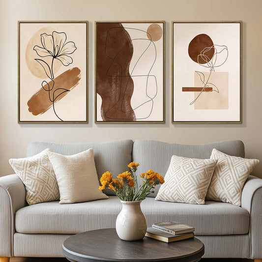 3Pcs Large Framed Botanical Canvas Wall Art, Modern Neutral Plant Abstract Canvas Prints, Minimalist Nature Wall Decor, Large Wall Art for Living Room Bedroom Office Farmhouse Decor 16 * 24in
