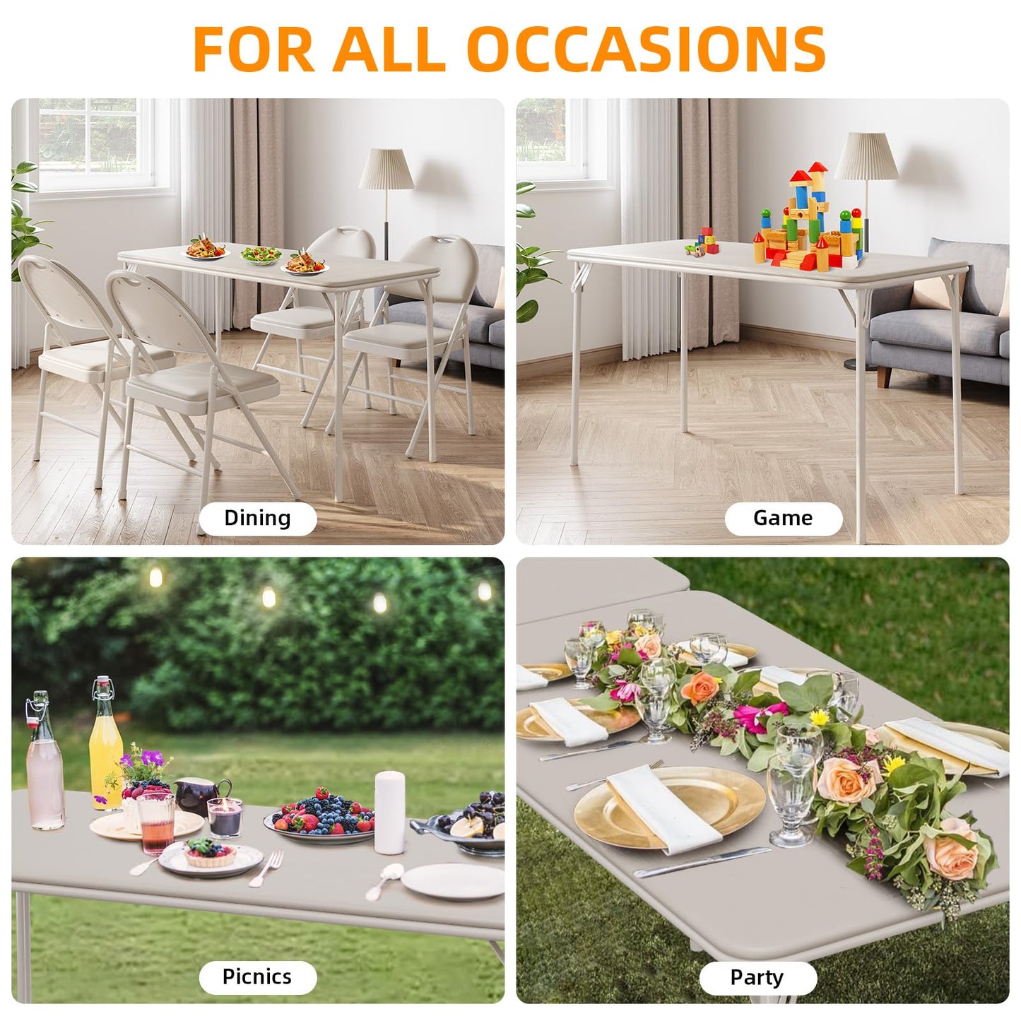 IDEALHOUSE Protable Folding Table and Chairs, 5 Piece Folding Card Table and Chairs Set, Foldable PU Upholstered Table and Chairs Set of 5, for Dining Room, Living Room, Office, Camping, Beige