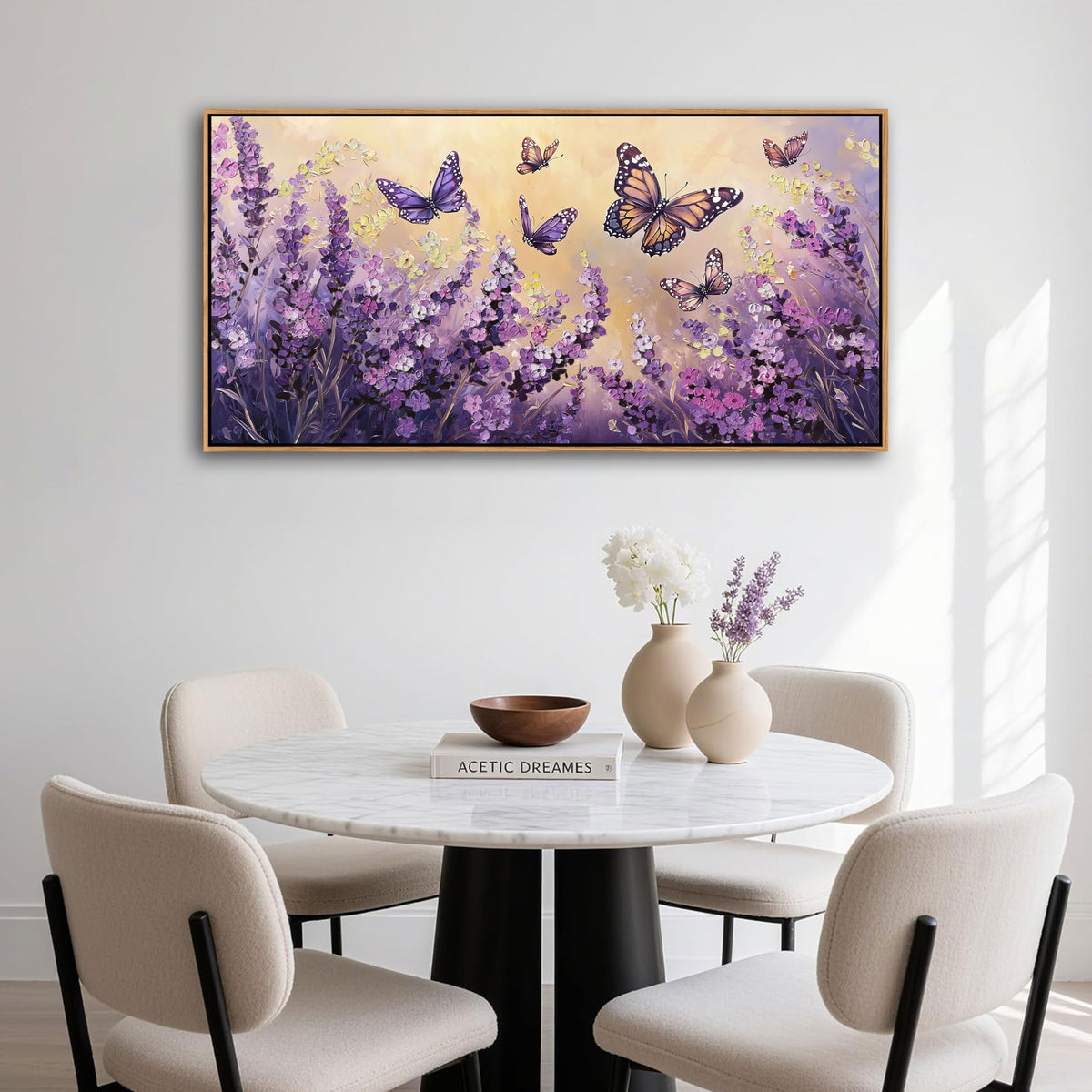yiijeah 40x20 Inches Poster Frame Wall Art - Purple Lavender Butterfly Picture Artwork Wall Decor for Bedroom Living Room Office Home Decoration