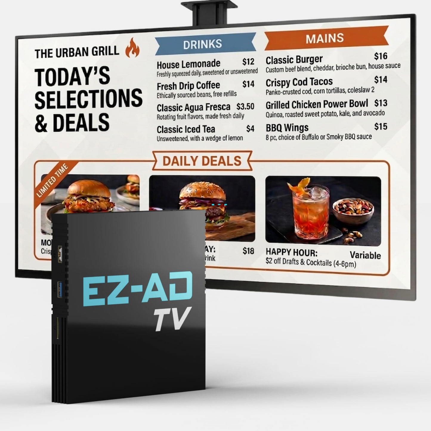 EZ AD TV Digital Signage Player - Signage For Business & Electronic Menu Board- Auto-Post Content On Digital Display Board, Cloud Controlled 4K Media Player + Mobile App W Free AI Designer & Templates