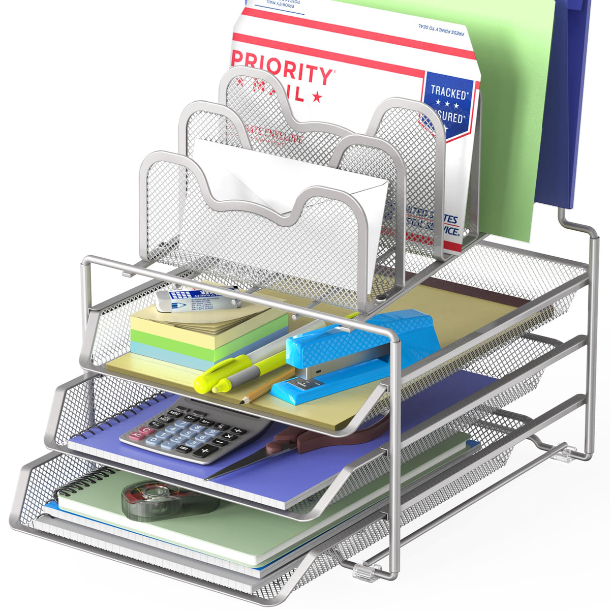 Simple Houseware Desk Organizer with 3 Sliding Tray and 5 Stacking Sections, Silver