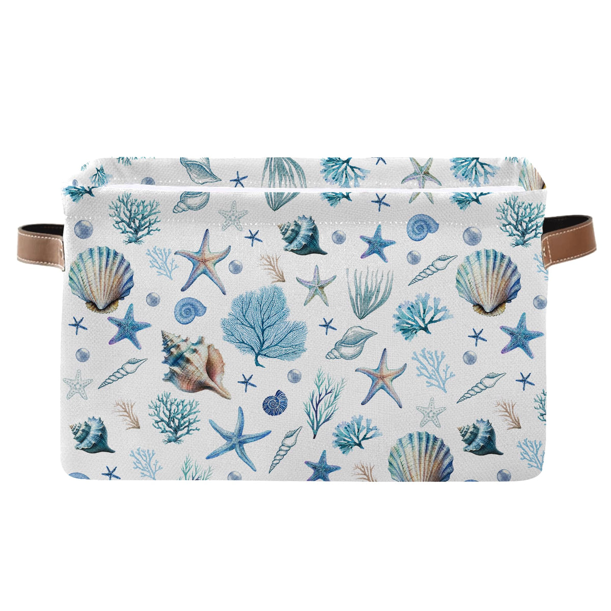 JOPJOLIW Sea Shells Starfish Rectangle Storage Basket - Ocean Themed Collection Collapsible Storage Baskets with Handles - Ocean Conch Pattern Storages Bin for Kids Clothes, Gifts, Books, Toys