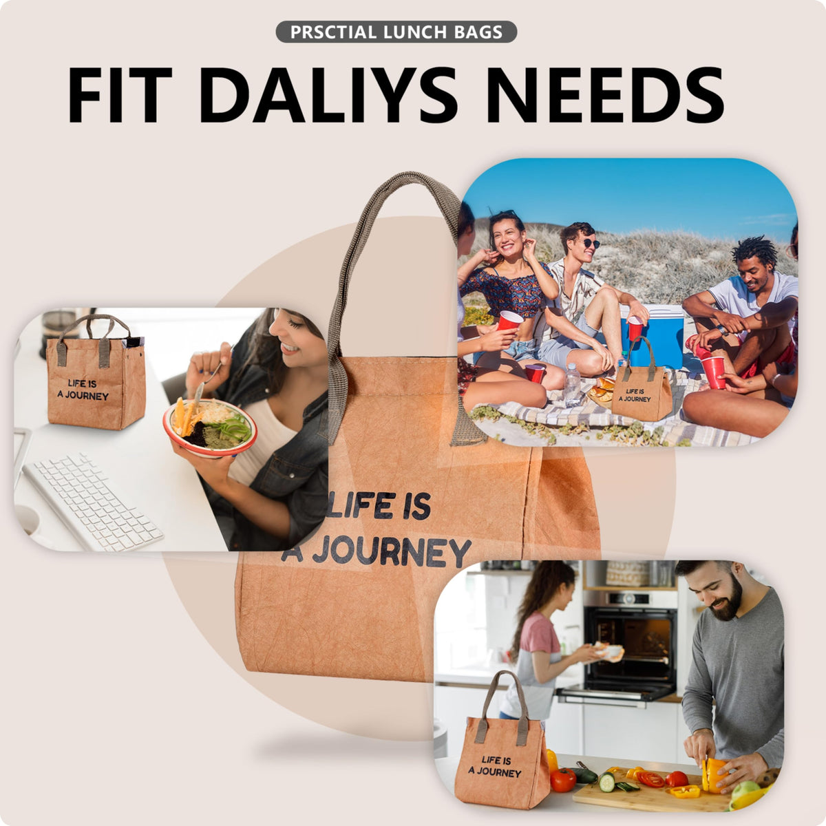 zzsbrm Insulated Lunch Bag for Women/Men-Reusable lunch bag - Lunch Box - for Office Picnic Hiking Beach,Freezable Cooler Bag- Tyvek Material - Foldable Tote Bag Organizer for Adult（Brown）