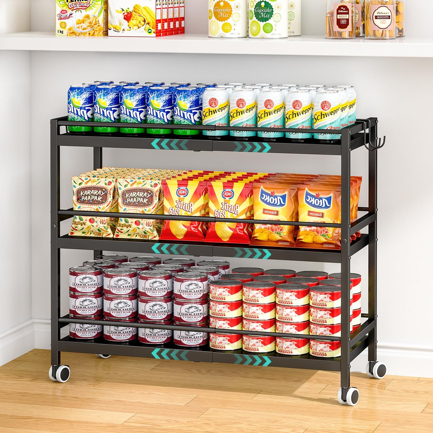 3-Tier Expandable Rolling Pantry Organizers and Storage Cart with Wheels, Adjustable Pantry Floor Organizer, Snack Cart for Pantry, Kitchen Storage Cart with 4 Hooks for Snack, Food, Vegetables