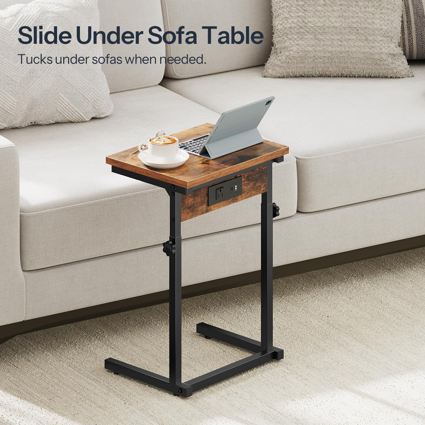 HOOBRO C-Shaped End Table with Charging Station, Adjustable Height Sofa Tray Side Table, Slide Under Couch Arm Table, Small C Side Table for Small Space in Living Room, Bedroom, Rustic Brown BF71USF01