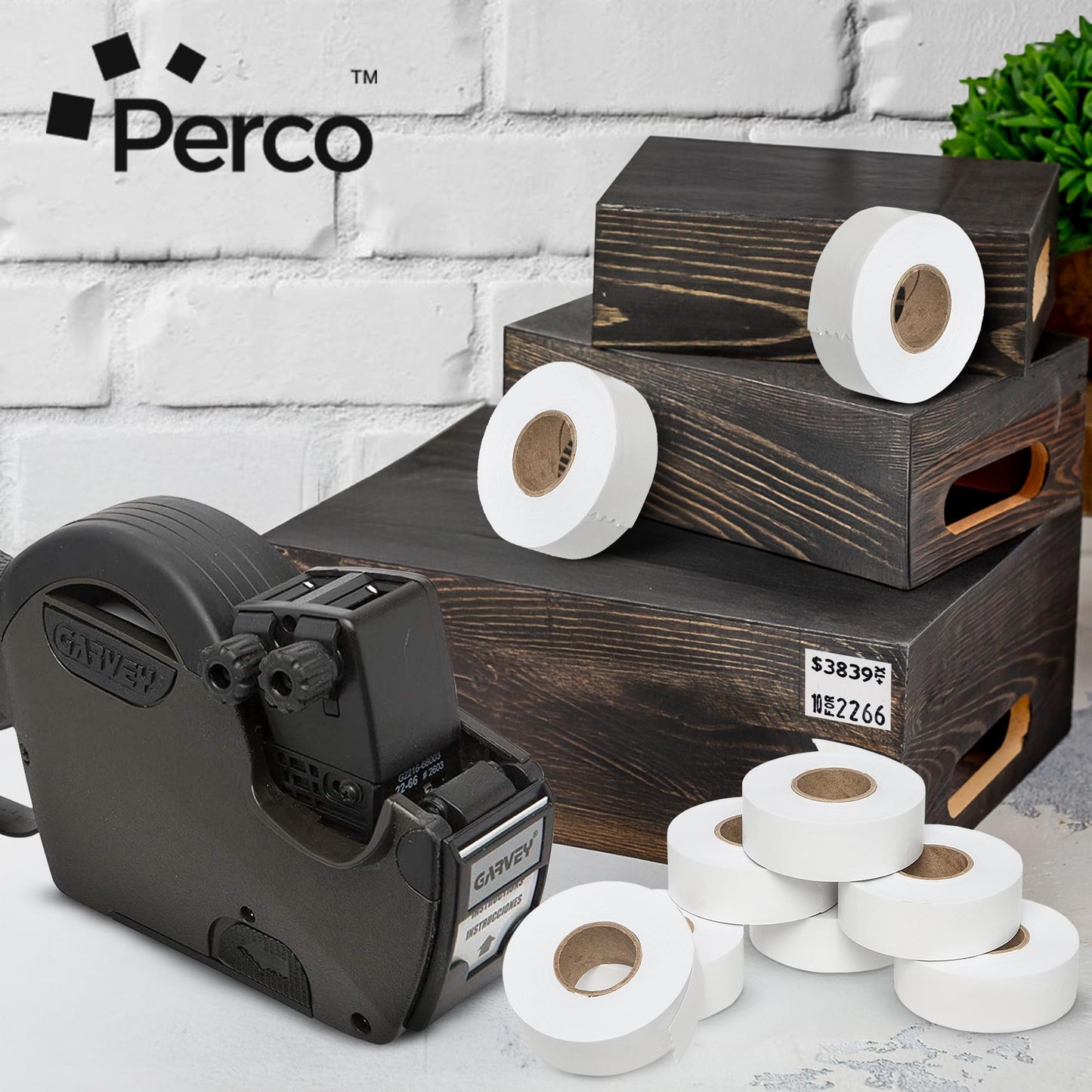 Perco White Garvey 2216 Pricing Labels for Garvey 22-66/22-77/22-88 Two Line Pricing Gun - 90 Rolls, 10 Sleeves - 90,000 Pricemarking Labels and 10 Inkers Included