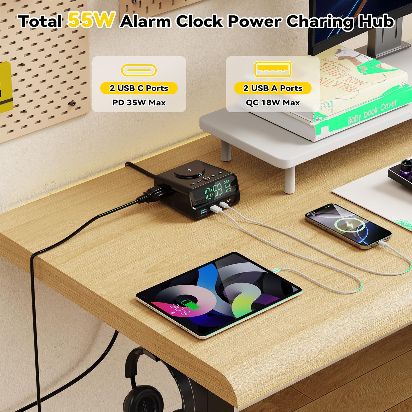Kungfuking Digital Alarm Clock with Magsafe Wireless Charging 15W for Bedroom, Nightstand Dorm Room Hotel Clock, 4 USB A&C 55W Fast Charging, 2 AC Outlets, Dual Alarm Clock, Snooze, Dimmable, DST