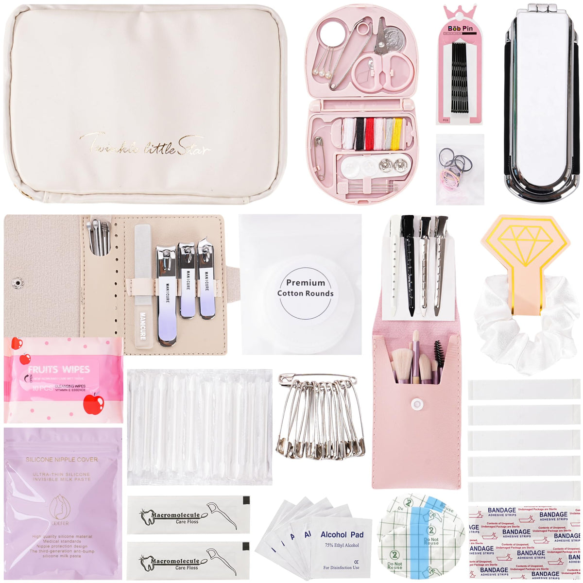 Wedding Day Emergency Kit for Bride, 39 Pc Essential Items for Brides Daily Use Women Wedding Gift, Travel Kit Personal Care Survival Set With Bride Makeup Bag - Wedding Emergency Kit Supplies (White)