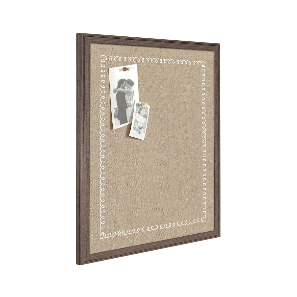 Kate and Laurel Framed Fabric Pinboard 18 x 42, White Scalloped Edge Printed Linen Classic Bulletin Board for Use as a Vision Board or Wall Organization, Florence Medium Brown Frame