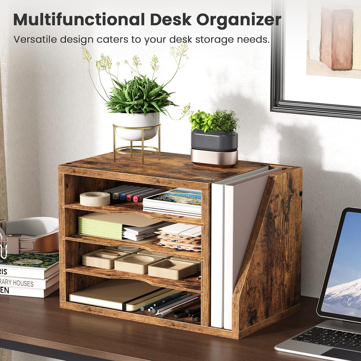 Creso hom Mail Sorter, File Organizer Desktop, Wood Desk Organizer with 3 Adjustable Shelves, Mail Holder for Office, Home, Letter Sorter File Holders for Envelopes, Supplies Magazines, Rustic Brown
