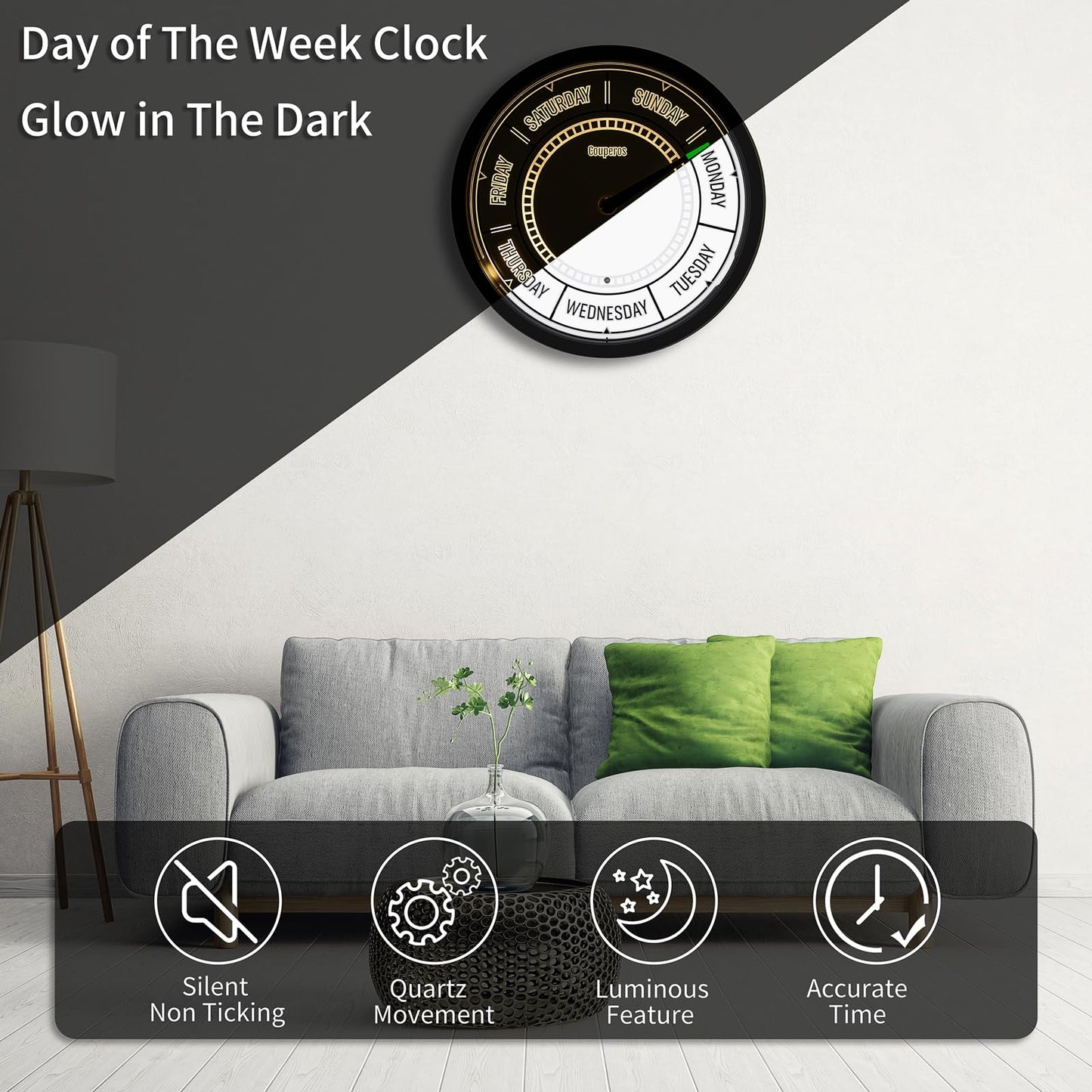 Couperos Day of The Week Wall Clock with Night Light - 12" Analog Silent Non-Ticking Clock with LED Night Light, Calendar Day Clock Perfect for Home, Office, and Retirement Gifts