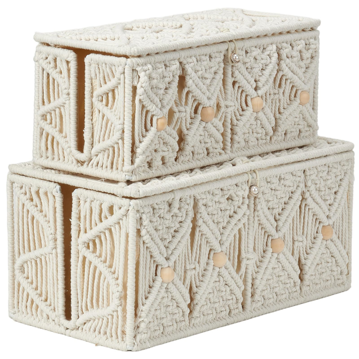 VinneGenzz 2PCS Cable Management Boxes Handmade Macrame Cord Storage Organizer Power Strips Outlet Router TV Wire Hider Cover Under Desk Natural Cotton Rope Woven Box with Lid (1 Large 1 Medium)