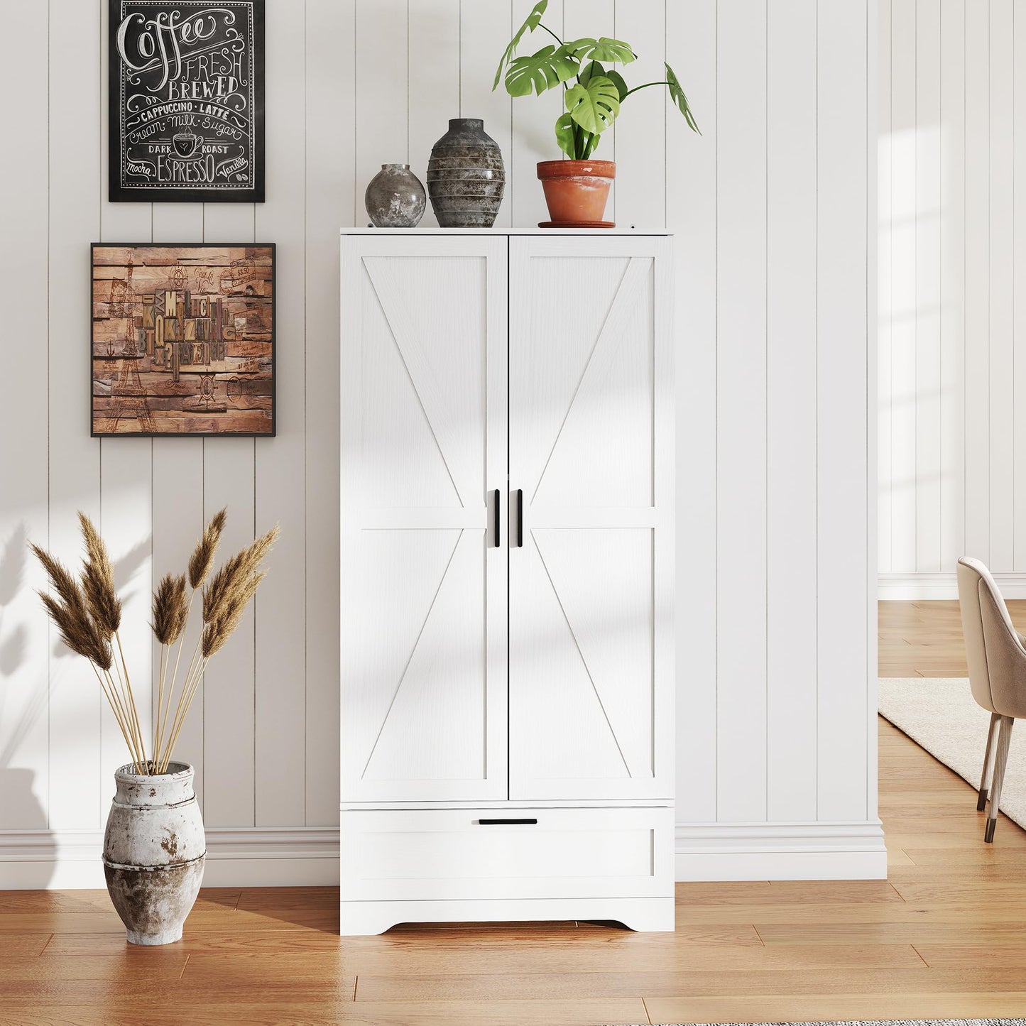 Kitchen Pantry Cabinet, Collection Food Free Standing Tall Wooden Storage Cabinet with Adjustable Shelves & 1 Large Drawer, Versatile Storage for Kitchen Dining Room, Utility Rooms (White)