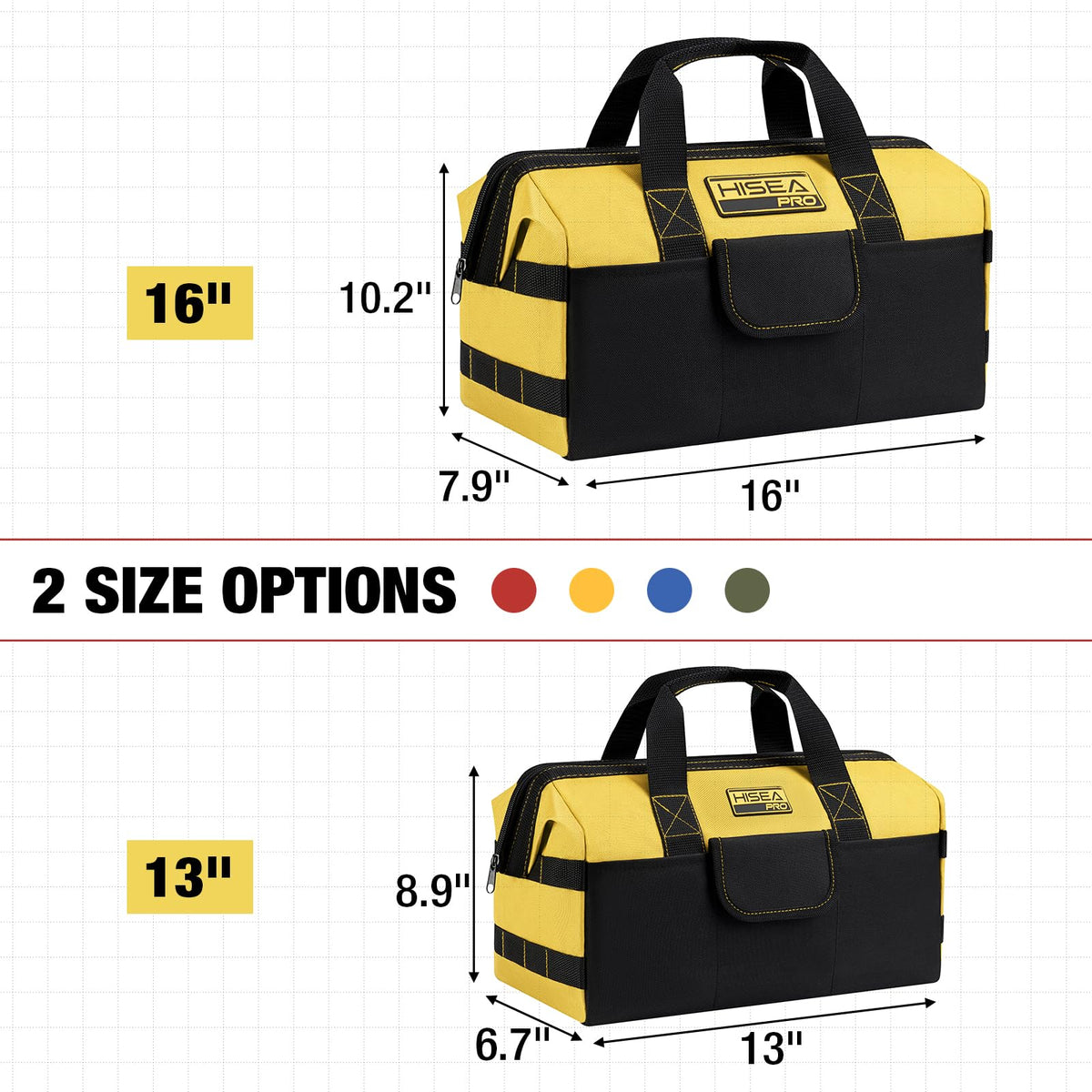HISEA 3 Pack Heavy Duty Tool Bag with Storage Pockets, 16-Inch Tools Organizer Tote with Wide Base, Waterproof Durable Tool Bags with Zipper for Electrician, Tradesman (Red, Yellow, Blue)