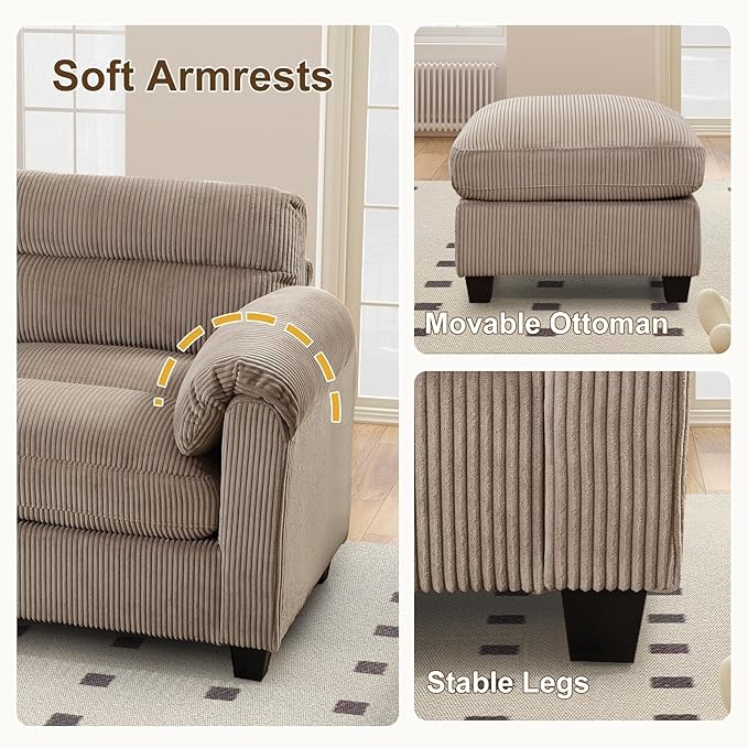 HAOMARKETS Corduroy Sofa Set, Upholstered Ottoman Footrest, Modern Living Room