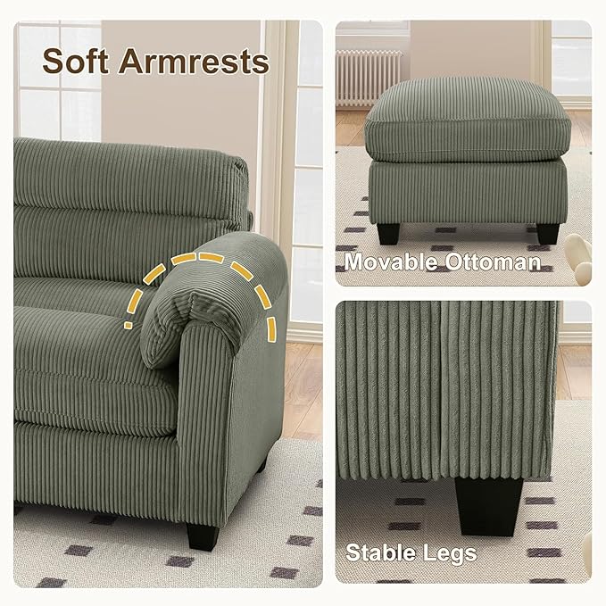 HAOMARKETS Corduroy Sofa Set, Upholstered Ottoman, Loveseat Set of 2, and