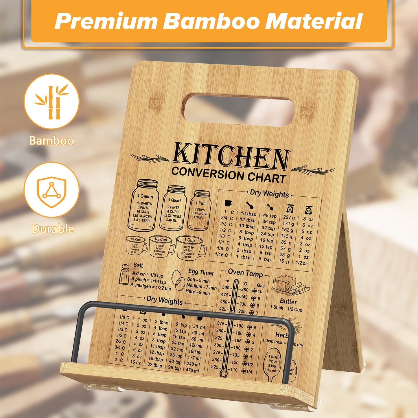 Zaldia Cookbook Stand-Wooden Recipe Book Holder, Adjustable Cooking Book Stand for Kitchen Counter, Recipe Card Holder Shelf with Measurement Conversion Chart, Nice Gift for Cooking Lover,Wood