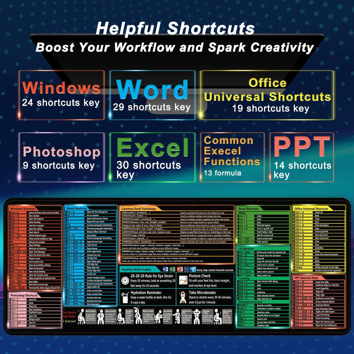 Excel Cheat Sheet Mouse Pad,Extended XL Mousepad(31.5" x 11.8"),Excel/Word/Power Point/Windows Mousepad,Non-Slip & Waterproof & Stitched Edges Gaming PC Office Desk pad mat
