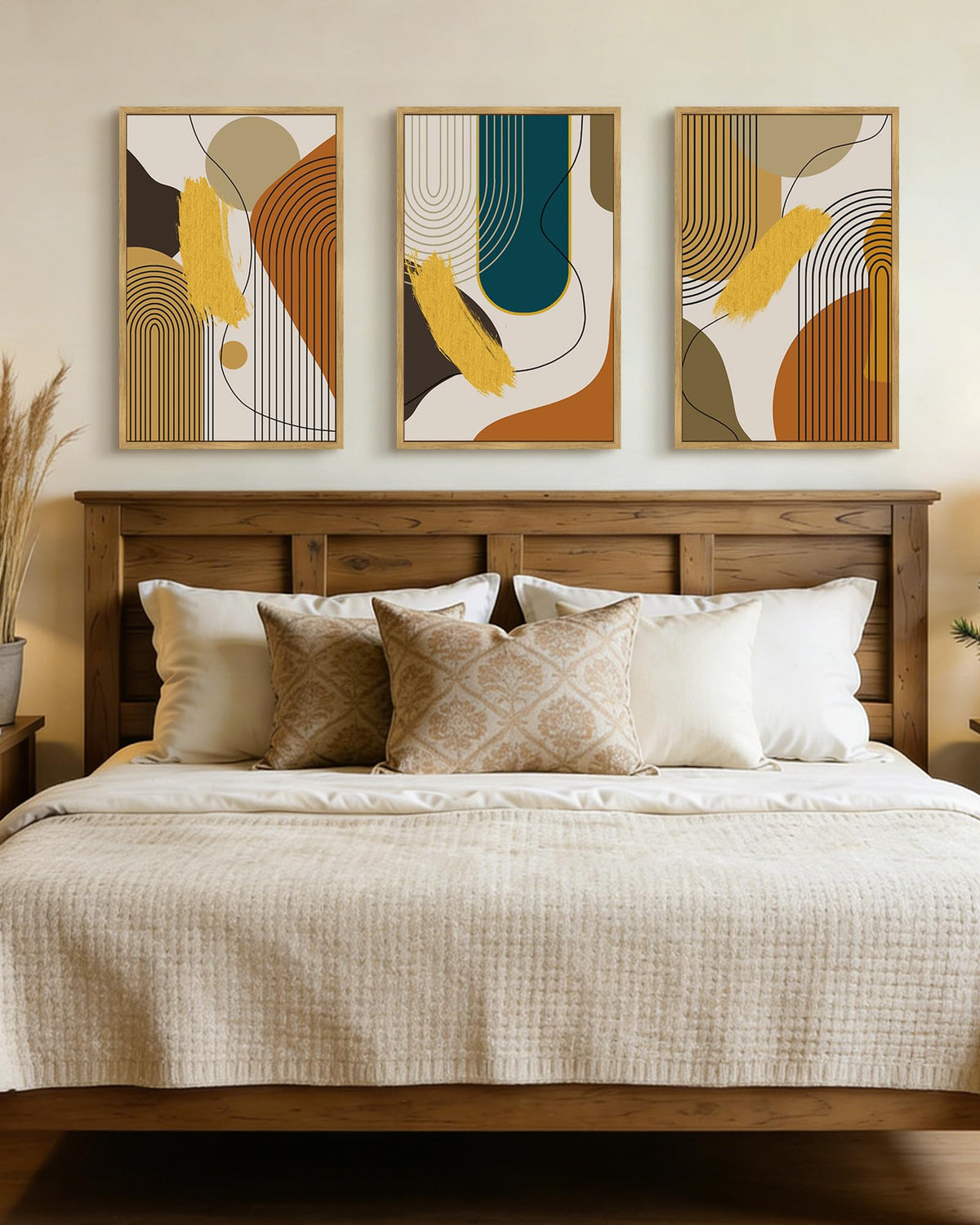 PHOPAGO Boho Abstract Framed Wall Art Large 16x24in Mid-Century Modern Bohemain Minimalist Luxury Gold Line Artwork Home Office Living Room Decor - Natural Framed