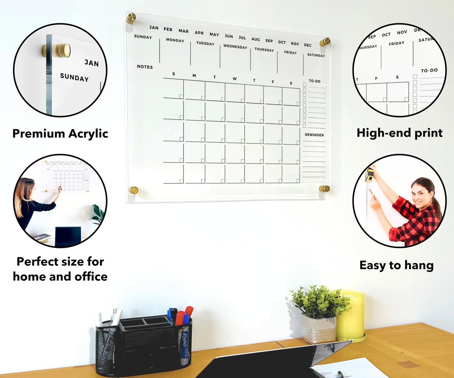 Premium Acrylic Wall Calendar - Dry Erase Board - Large Glass Calendar for Wall - Reusable Board for Office and Home - Gold Hardware (18x14 (Small))