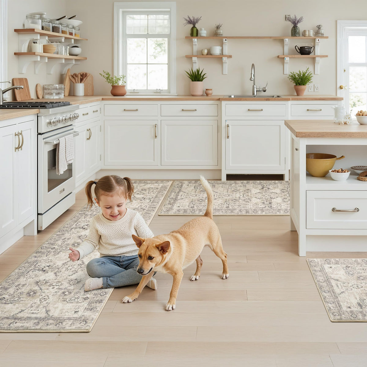 GRANNY SAYS Boho Kitchen Rug Sets of 3, Non Slip Washable Faux Wool Kitchen Mats for Floor, Thick Soft Anti-Fatigue Comfort Standing Mat Runner Rugs for Hallway Laundry Room, Beige