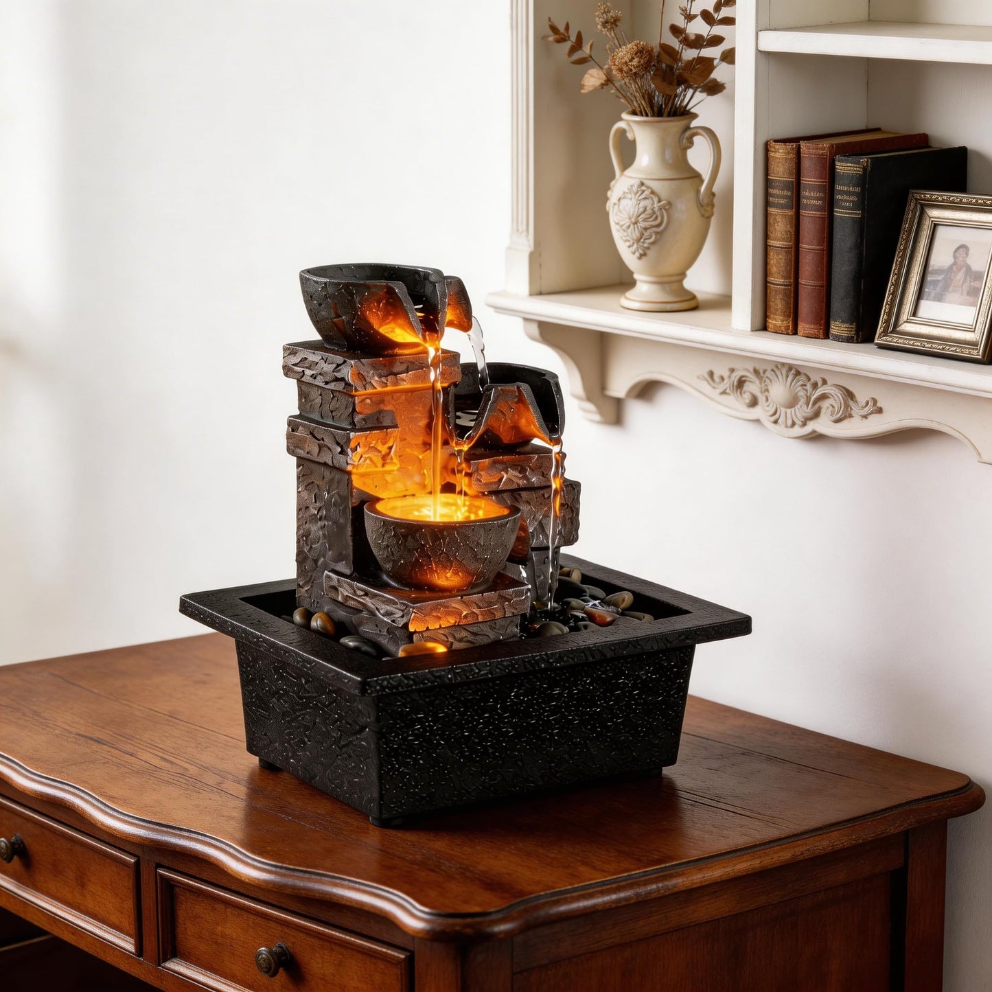 MAOCHI Indoor Fountain 3-Bowl Rockery Soothing Sound Tabletop Fountains Home/Office Decor with Natural River Rocks LED Lights Automatic Watering Pump(22044A)