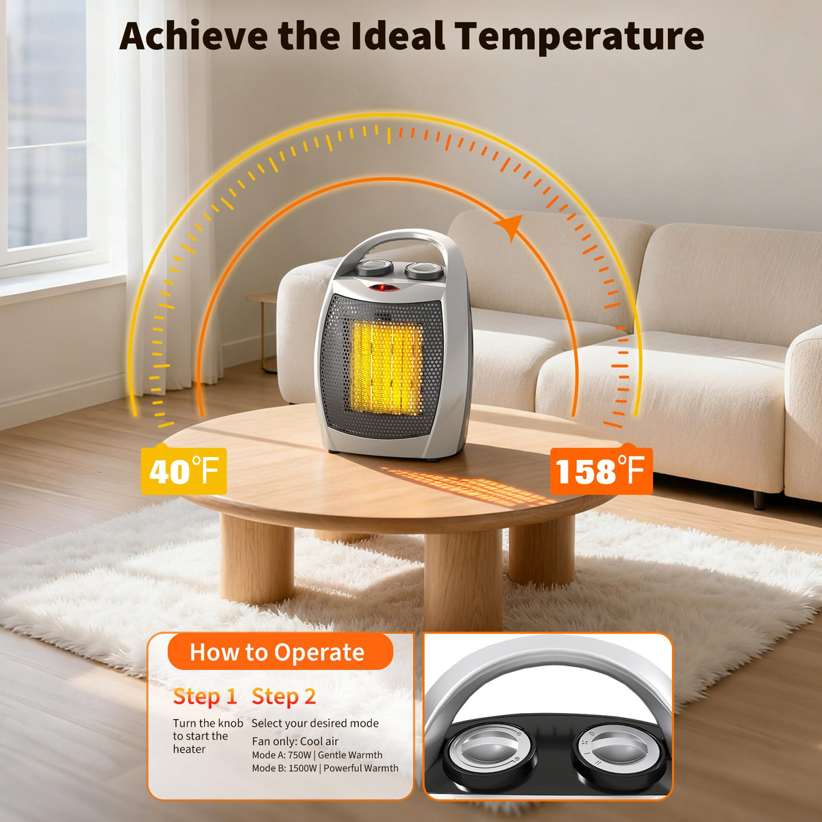 Takywep Small Space Heater, 1500W/750W Portable Electric Space Heater, PTC Fast Heating Ceramic Room Heater with Overheat & Tip-Over Protection Office Room Desk
