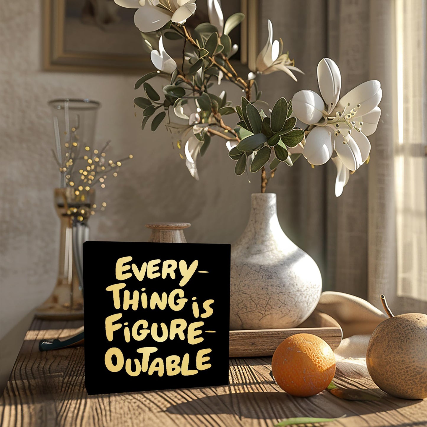 CUANFDDSF Inspirational Black Gold Office Decor, Every Thing is Figure Outable Motivational Office Accessories Wooden Box Sign, Inspirational Gifts for Women, Men Wall Desk Shelf Tabletop Decoration