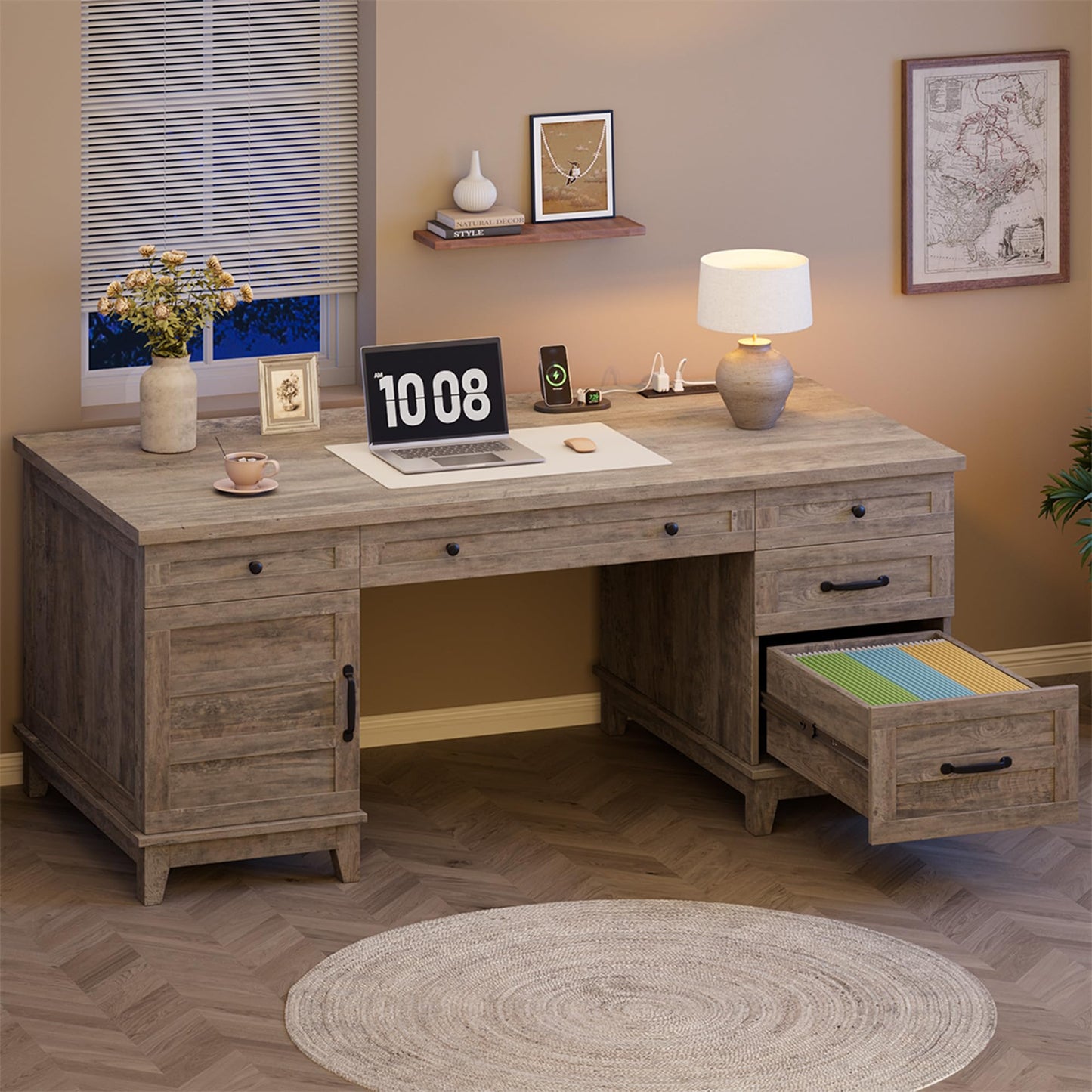 Garvee 60" Wooden Home Office Desk with File Drawers, Executive Desk with Adjustable Cabinet, Farmhouse Wood Desk with Power Outlet, Distressed Study and Work Table, Rustic Grey
