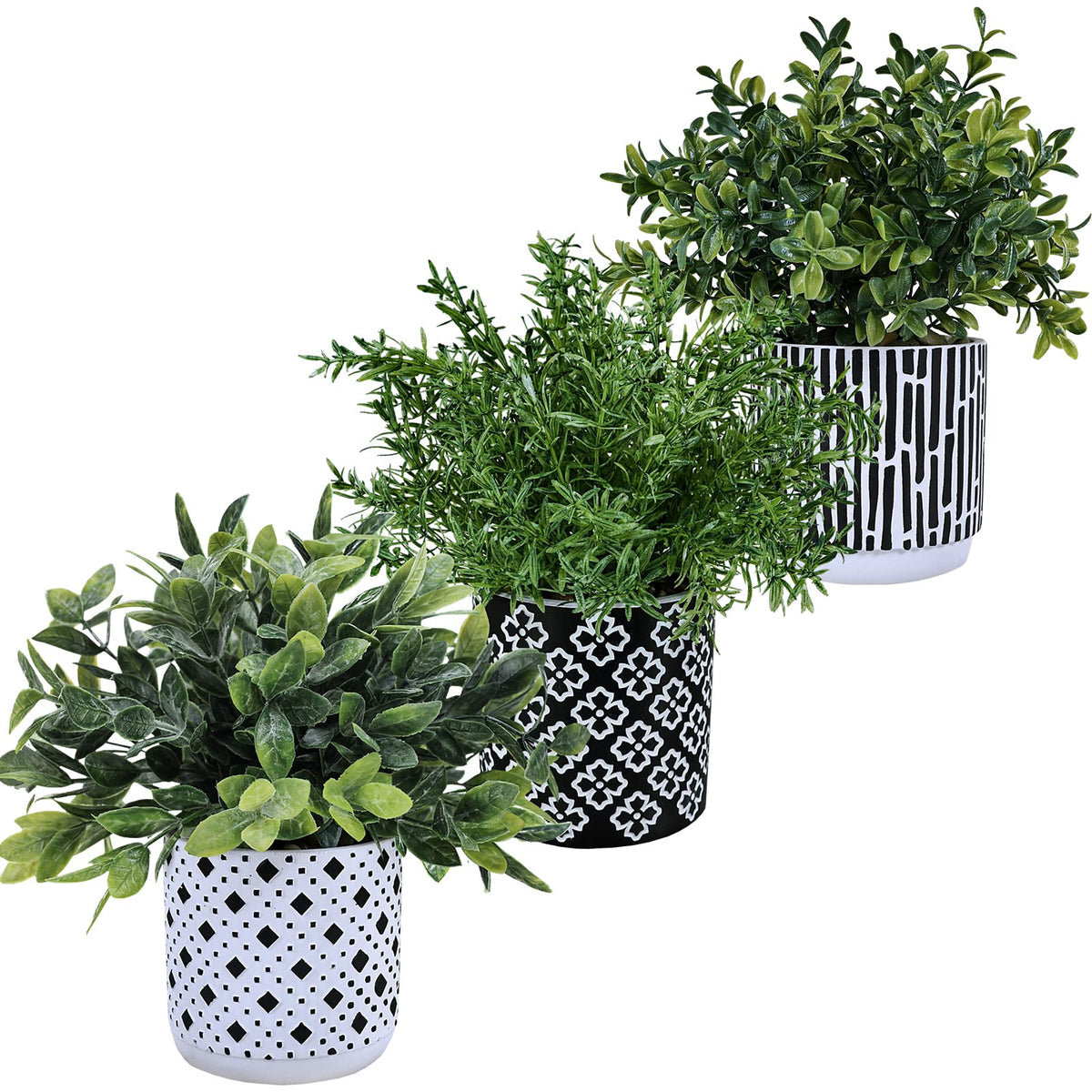 Winlyn 3-Pack Artificial Potted Plants - Faux Eucalyptus, Rosemary, Boxwood Greenery in Small Black & White Geometric Concrete Pots -Desk, Table, Shelf, Windowsill Decor for Indoor Outdoor Home Office