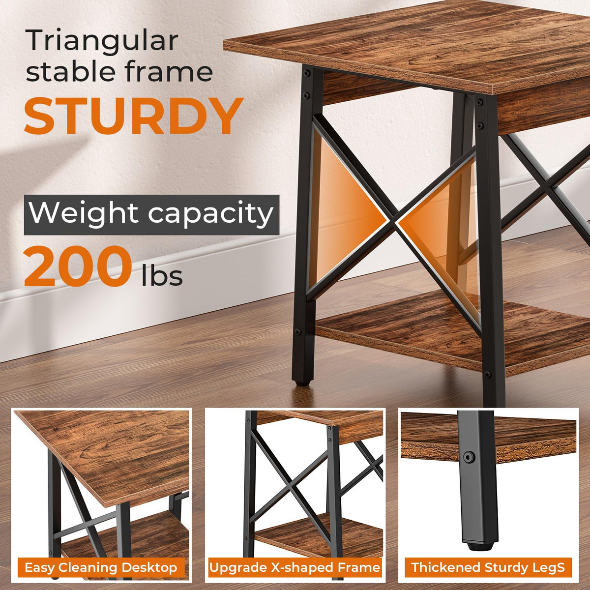 GreenForest End Table 24 inch for Living Room, Large Square Side Tables with X-Frame, Tall Industrial Bedside Nightstand with 2-Tier Storage, Rustic Walnut