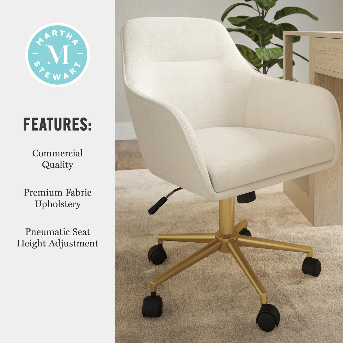 Martha Stewart Rayna Swivel Task Chair with Flared Arms for Home Office in Off White Fabric with Polished Brass Frame