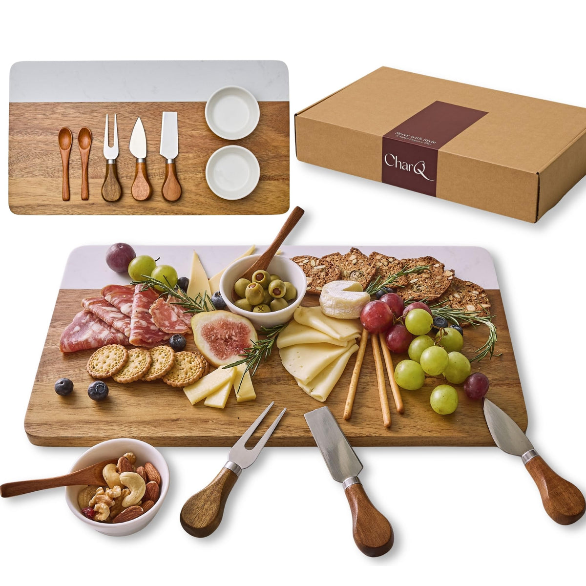CharQ Charcuterie Board Set - Marble & Acacia Wood Cheese Board and Serving Board Platter, Charcuterie Boards Gift Set for Hosting, Wedding and Housewarming, Bridal Shower Marble Serving Tray