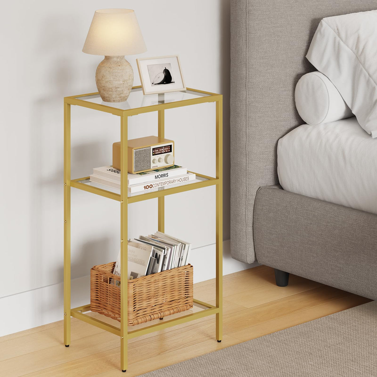 Draelibor Side Tables Set of 2, Tempered Glass End Table with Metal Frame, 3-Tier Small Nightstands with Storage Shelves,Tall Table Stand for Home Decor, Living Room, Bedroom, Office, Gold（2 Pack）