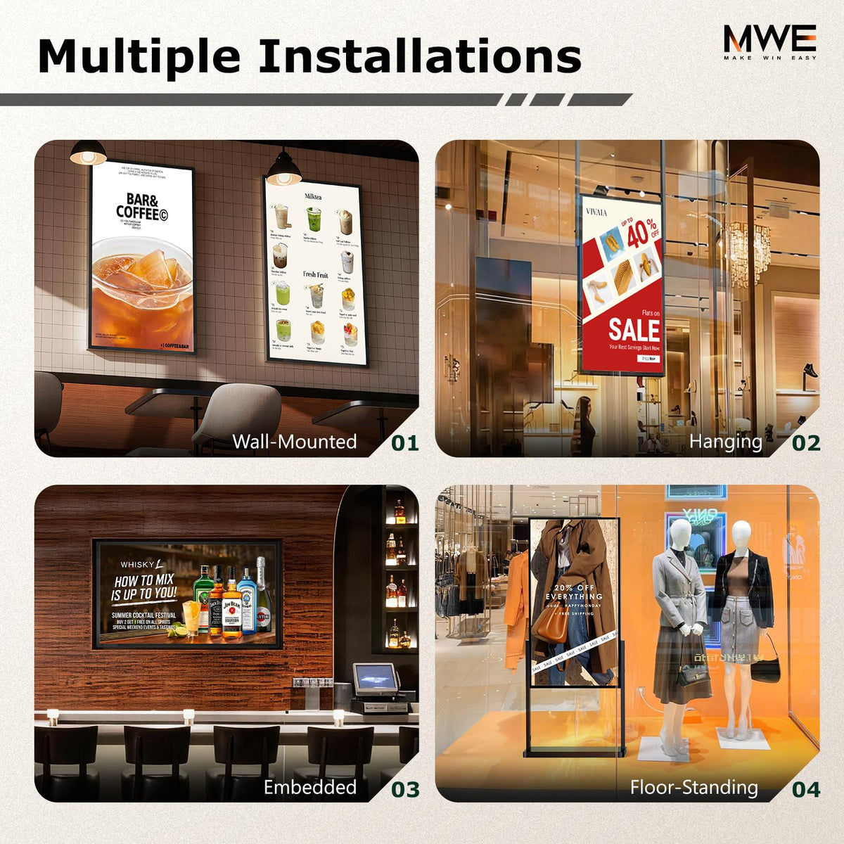 MWE 43 inch Wall Mount Digital Signage, FHD Touchscreen Monitor Android 14, Multi-Touch Screen Smart Split, Commercial Advertising Display, Time Switch, CMS Management, HD-MI/ USB/ WiFi/ for Windows